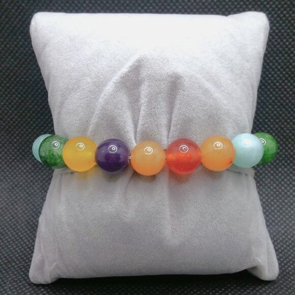 Multicolor Gemstone Bracelet Handmade 10mm Beaded Colorful Rainbow Stretch NEW - Picture 5 of 13